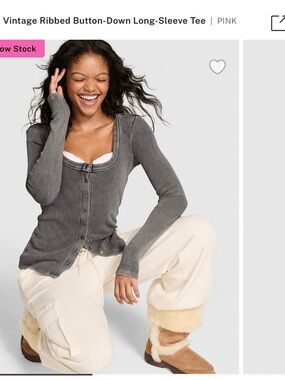 PINK Vintage Ribbed Button-Down Long-Sleeve Tee - Gray/Black